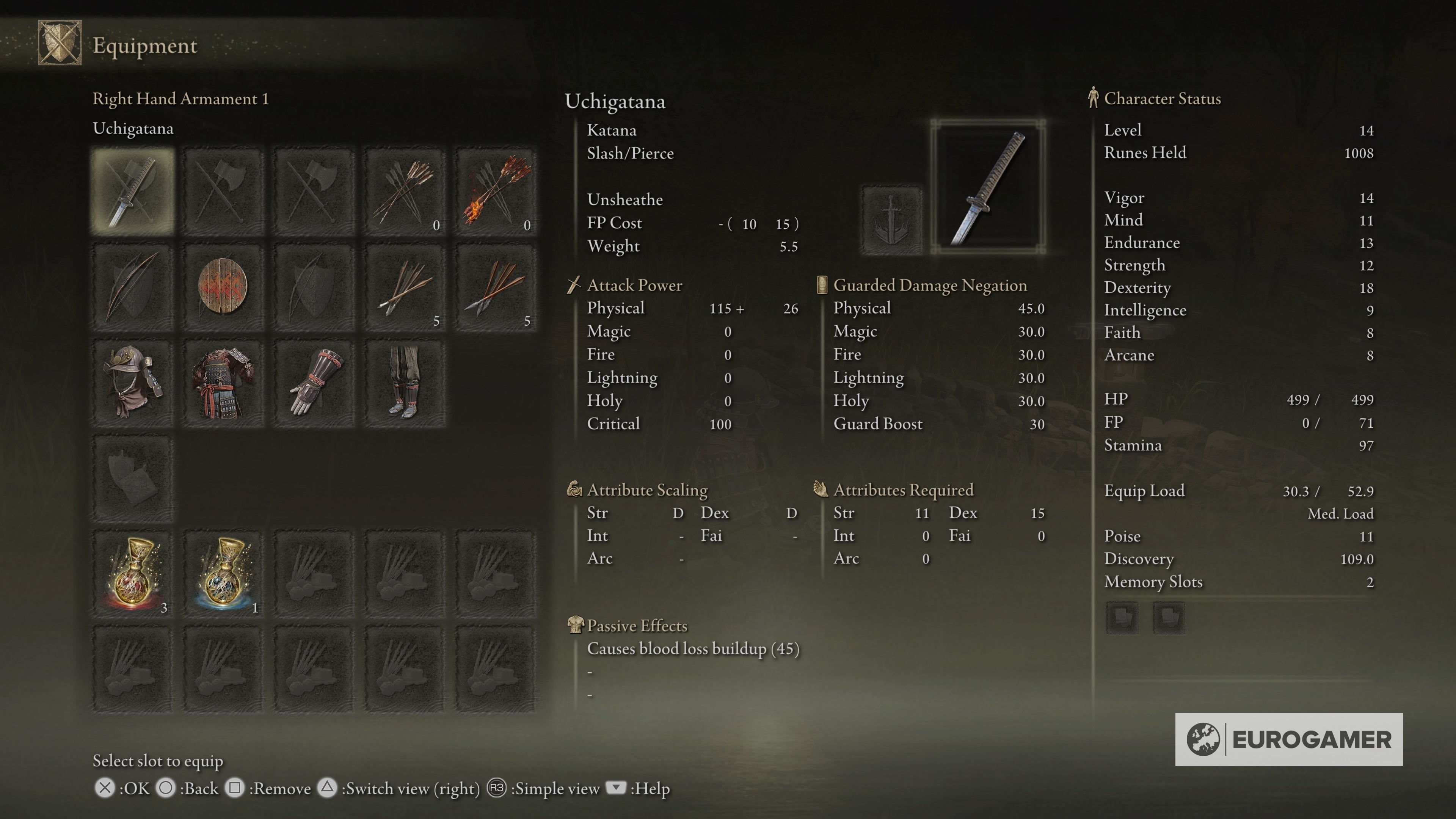Elden Ring Samurai build stats, equipment